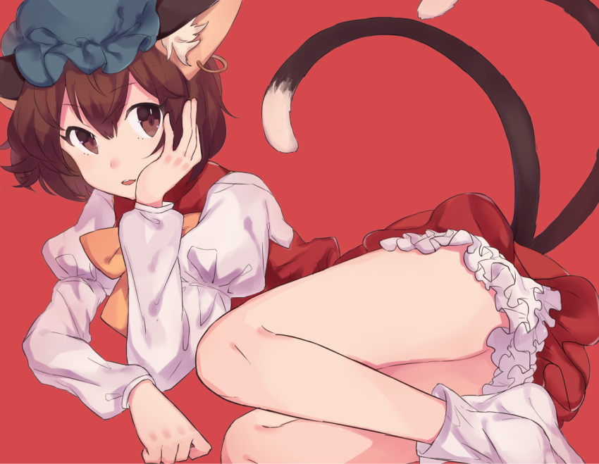 1girl animal_ears bonnet bow bowtie brown_eyes brown_hair cat_ears cat_tail chen dress grey_hat hand_on_own_face hat jewelry juliet_sleeves long_sleeves looking_at_viewer lying multiple_tails nekomata on_side parted_lips puffy_sleeves red_background red_dress short_hair single_earring socks solo tail touhou two_tails white_legwear yellow_bow yellow_bowtie yuusei_tsukiro