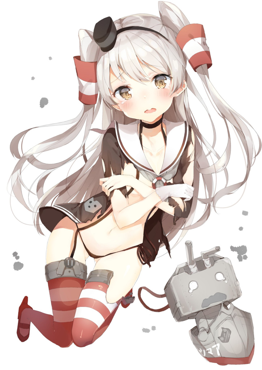 1girl amatsukaze_(kantai_collection) black_hairband black_panties breasts brown_eyes collarbone covering covering_breasts eyebrows eyebrows_visible_through_hair garter_straps hair_ornament hairband highres kantai_collection long_hair looking_at_viewer niito open_mouth panties red_legwear rensouhou-kun shirt side-tie_panties silver_hair simple_background small_breasts solo striped striped_legwear tears thigh-highs torn_clothes torn_shirt torn_thighhighs underwear white_background