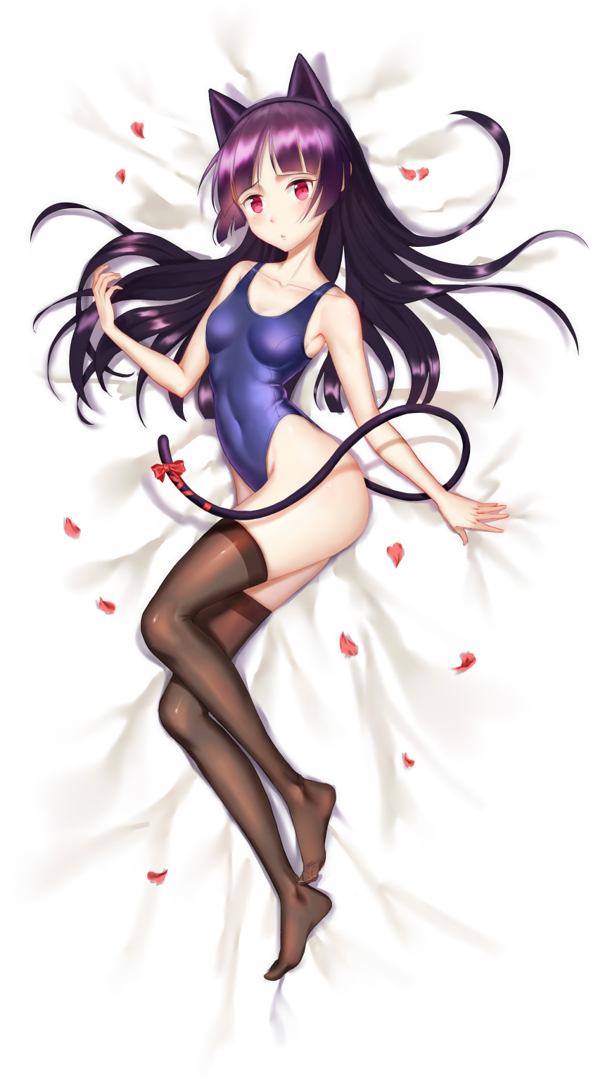 1girl :o absurdres animal_ears bangs bed_sheet blunt_bangs blush bow breasts collarbone covered_navel dakimakura fake_animal_ears feet gokou_ruri hairband highleg highleg_swimsuit highres long_hair looking_at_viewer lying m-chan mole mole_under_eye new_school_swimsuit on_side ore_no_imouto_ga_konna_ni_kawaii_wake_ga_nai petals purple_hair red_eyes school_swimsuit shiny shiny_clothes sidelocks small_breasts solo swimsuit tail tail_bow thigh-highs