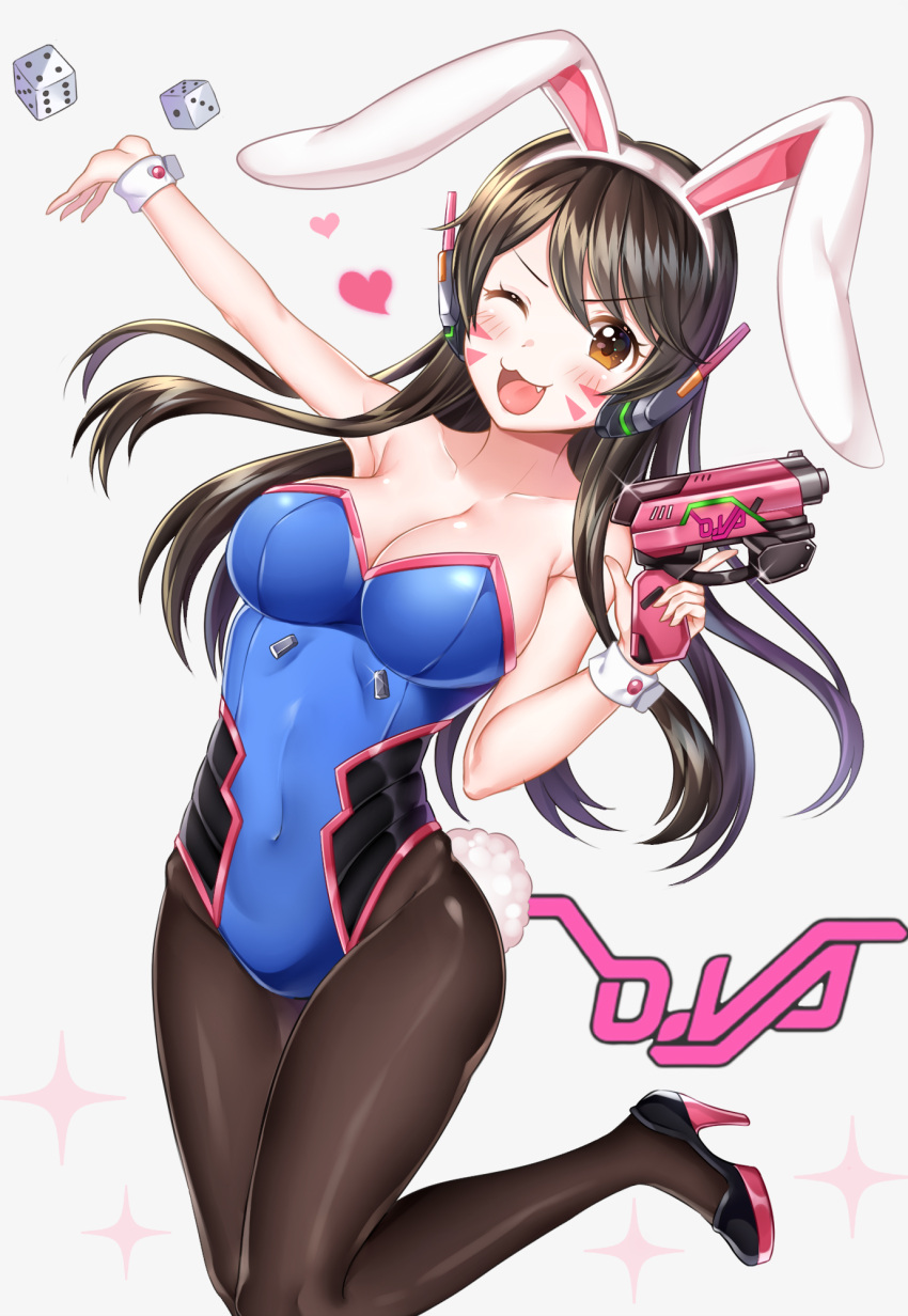 1girl adapted_costume animal_ears arm_up armpits bangs bare_shoulders blue_leotard blush breasts brown_eyes brown_hair bunny_girl bunny_tail bunnysuit cleavage collarbone covered_navel cowboy_shot d.va_(overwatch) dice eyebrows eyebrows_visible_through_hair facepaint facial_mark fake_animal_ears fang groin gun hairband hand_up handgun headphones heart high_heels highleg highleg_leotard highres holding holding_gun holding_weapon large_breasts leotard long_hair looking_at_viewer one_eye_closed open_mouth overwatch pantyhose rabbit_ears simple_background sleeveless solo sparkle spoken_heart standing standing_on_one_leg strapless strapless_leotard tail thighs tl_astral7536 weapon whisker_markings white_background wrist_cuffs