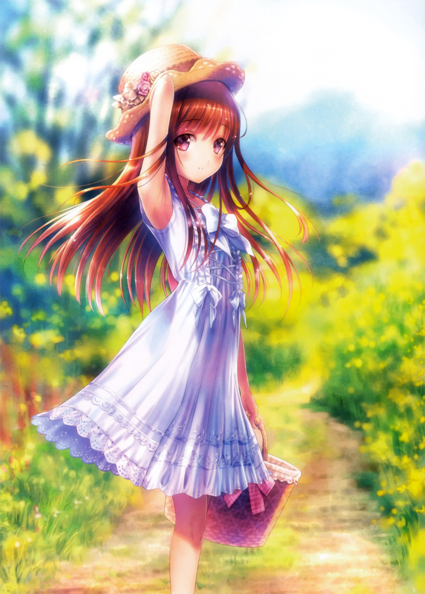 1girl absurdres arm_up armpits bow bowtie brown_eyes brown_hair dress from_side goto_p hat highres holding long_hair looking_at_viewer original outdoors solo sundress white_bow white_dress