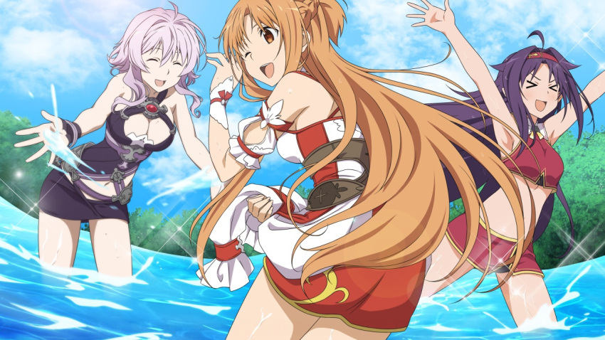 &gt;o&lt; 3girls ahoge armpits arms_up asuna_(sao) black_shorts breasts brown_eyes brown_hair cleavage closed_eyes crop_top game_cg hair_between_eyes hairband leaning_forward long_hair medium_breasts midriff mole mole_on_breast multiple_girls navel official_art one_eye_closed open_mouth outdoors partially_submerged pink_hair purple_hair purple_skirt red_hairband red_skirt shorts skirt strea sword_art_online water wet wrist_cuffs yuuki_(sao)