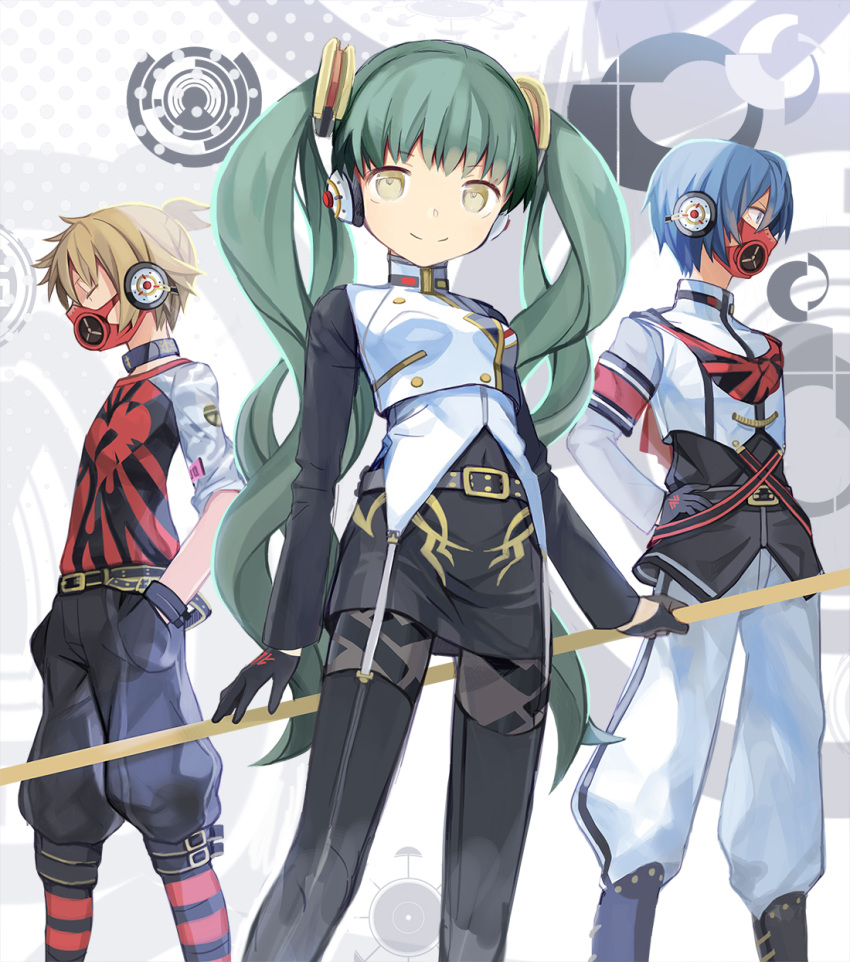 1girl 2boys baggy_pants belt blonde_hair blue_eyes blue_hair boots buckle closed_eyes collar gas_mask gloves green_hair hatsune_miku headphones highres kagamine_len kaito kari_kenji looking_at_viewer mask multiple_boys pants project_diva_(series) skirt smile standing striped striped_legwear thigh-highs tight trio twintails vocaloid yellow_eyes