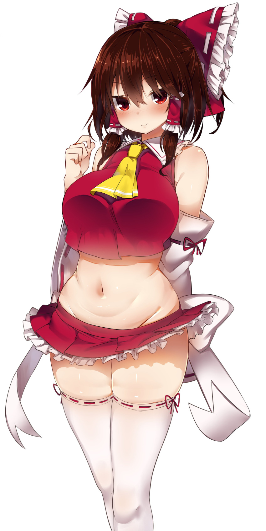 1girl 5240mosu absurdres arm_behind_back ascot blush bow breasts brown_hair detached_sleeves frilled_skirt frills hair_bow hair_tubes hakurei_reimu highres large_breasts looking_at_viewer midriff navel red_eyes ribbon-trimmed_sleeves ribbon_trim short_hair simple_background skirt skirt_set smile solo thigh-highs touhou white_background white_legwear wide_sleeves
