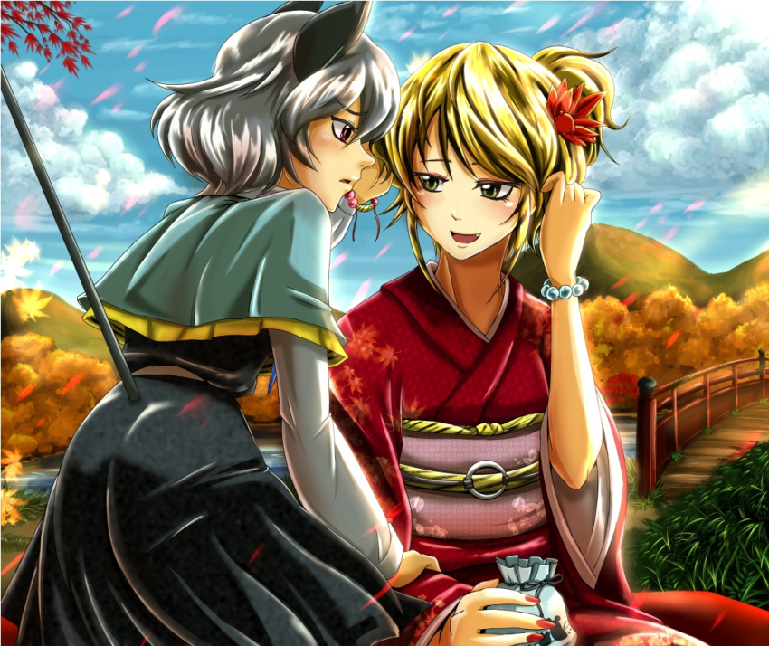 2girls :d alternate_costume alternate_hairstyle animal_ears autumn_leaves bead_bracelet beads black_dress blonde_hair blush bracelet capelet clouds cloudy_sky day dress falling_leaves fang futagojima grey_hair hair_tucking japanese_clothes jewelry kimono kinchaku long_sleeves looking_at_another mouse_ears mouse_tail multiple_girls nail_polish nazrin obi open_mouth outdoors parted_lips red_eyes red_nails sash short_hair short_ponytail sky smile tail toramaru_shou touhou wide_sleeves yellow_eyes