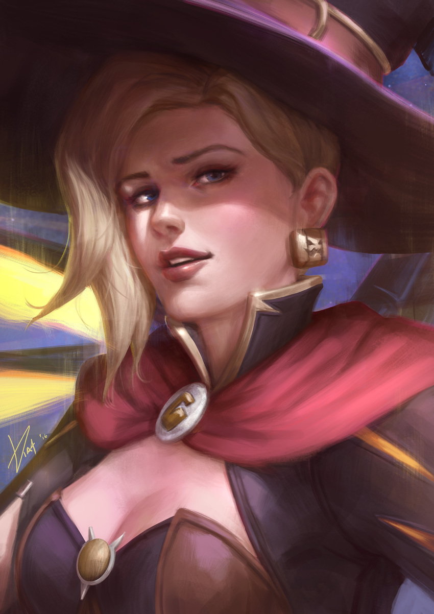 1girl alternate_costume blonde_hair blue_eyes breasts capelet cleavage earrings halloween halloween_costume hat highres jack-o'-lantern_earrings jewelry lips looking_at_viewer mechanical_wings mercy_(overwatch) nose overwatch parted_lips realistic signature small_breasts smile solo wee_kiat_goh wings witch_hat witch_mercy yellow_wings