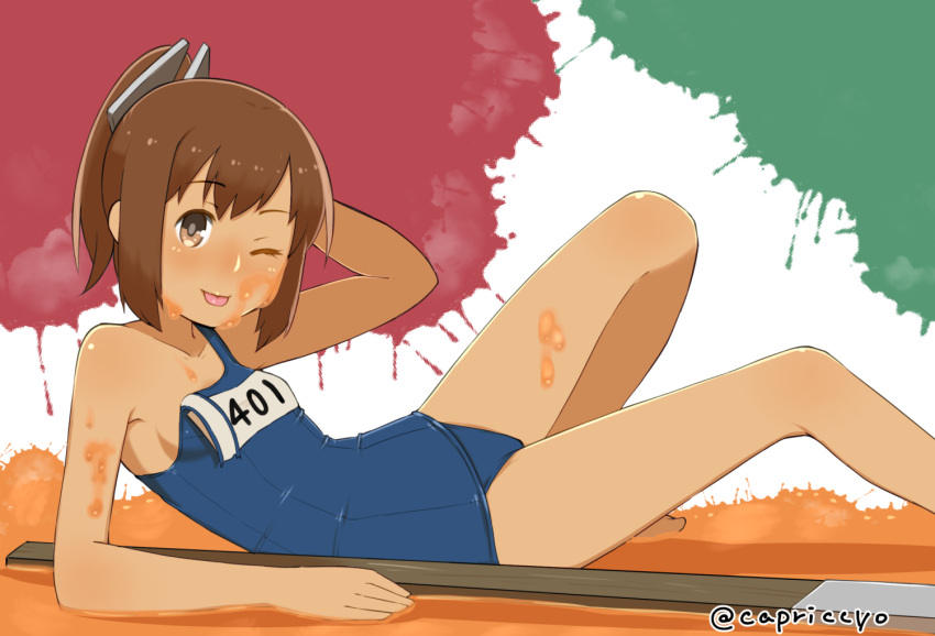 1girl arm_up art_brush blush brown_eyes brown_hair brush capriccyo i-401_(kantai_collection) kantai_collection looking_at_viewer one-piece_swimsuit one_eye_closed paint paint_splatter paintbrush ponytail school_swimsuit short_hair short_ponytail smile solo swimsuit tan tanline tongue tongue_out torn_clothes torn_swimsuit