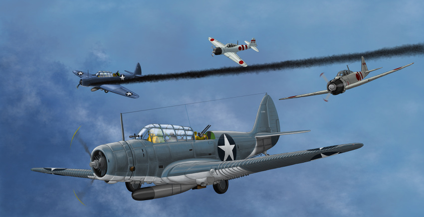 a6m_zero aerial_battle aircraft airplane artist_request battle bomber dogfight highres military military_vehicle original sky smoke tbd_devastator world_war_ii