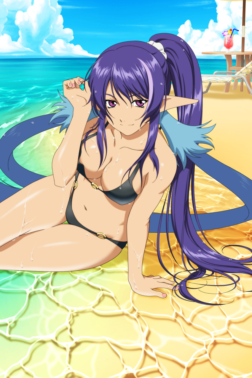 1girl absurdres arm_support beach beach_chair black_bra bra drink high_ponytail highres judith long_hair looking_at_viewer nail_polish navel official_art on_ground outdoors pointy_ears purple_hair smile solo tales_of_(series) tales_of_link tales_of_vesperia underwear violet_eyes water wet wet_clothes