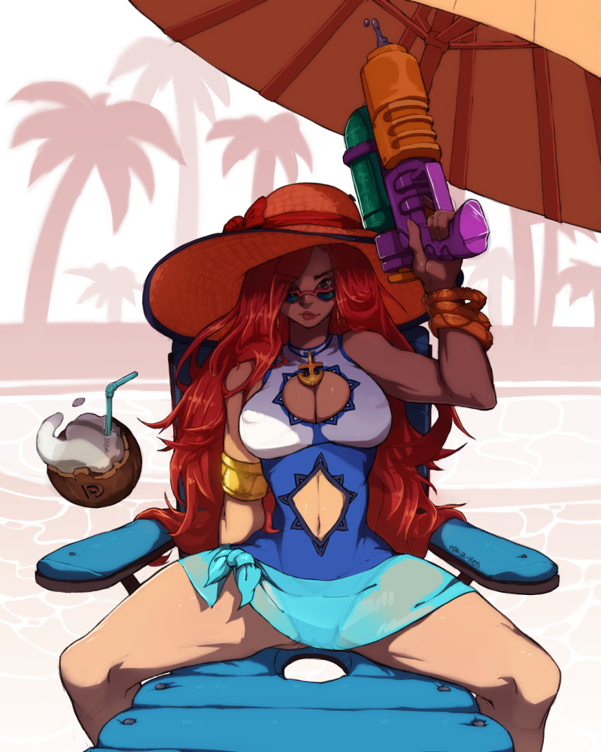 1girl breasts cleavage coconut hat highres jordan_smith league_of_legends lips medium_breasts navel palm_tree redhead sarah_fortune shade solo sunglasses thick_thighs thighs tree umbrella water_gun