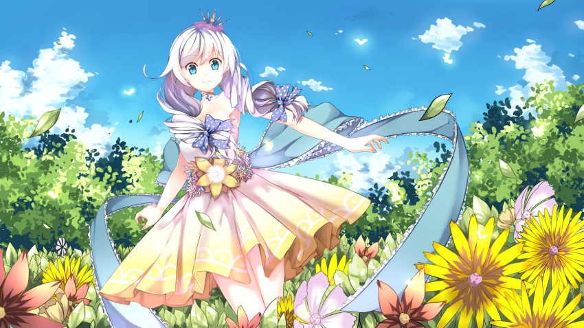 1girl blue_bow blue_eyes bow collar collarbone dress flower hair_bow hair_ornament highres long_hair looking_at_viewer outdoors silver_hair smile solo twintails