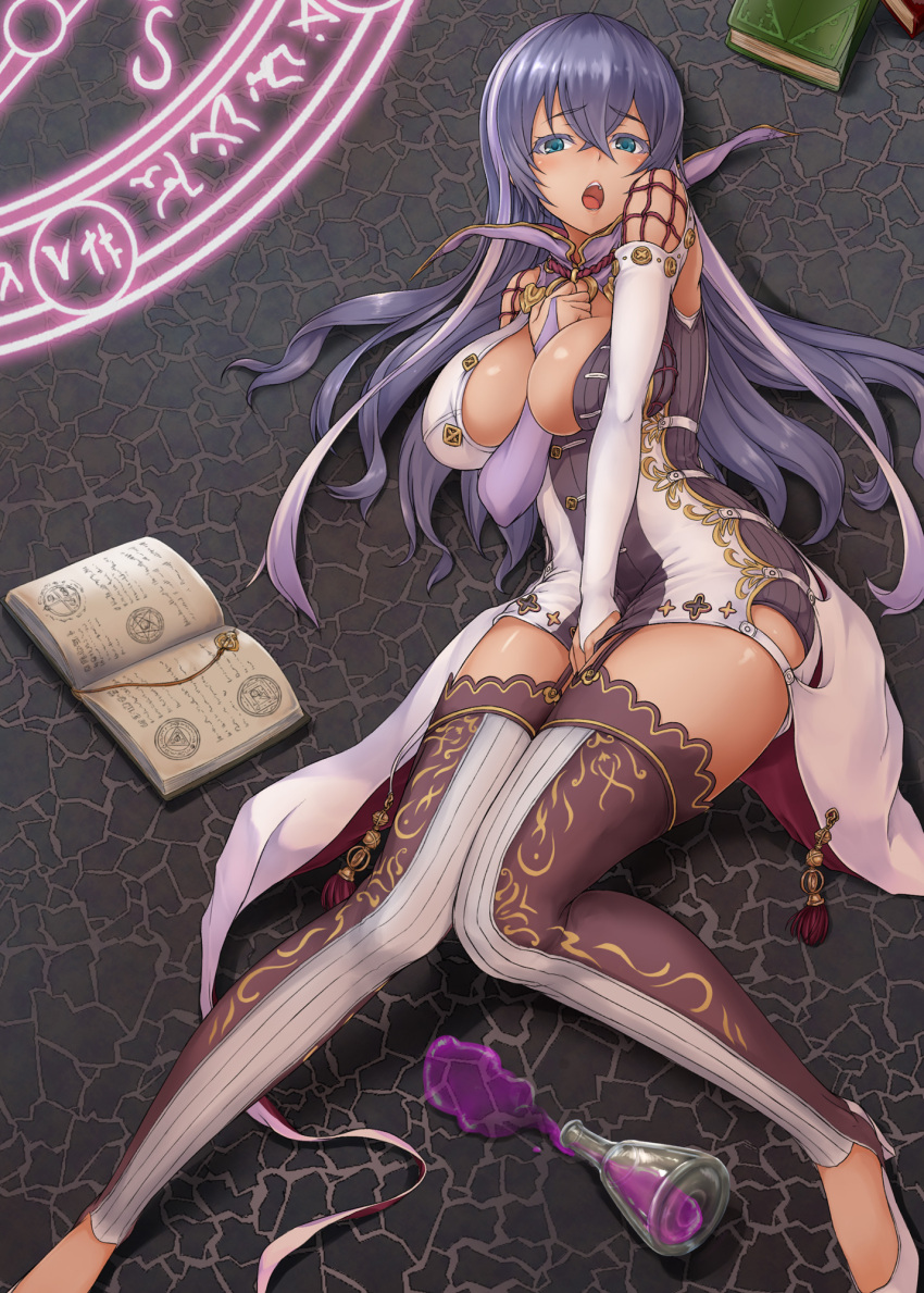1girl :o bangs between_breasts blue_eyes blush book breasts bridal_gauntlets cleavage_cutout colored_eyelashes covering covering_crotch dress erlenmeyer_flask eyebrows eyebrows_visible_through_hair fishnets from_above garter_straps grimoire hair_between_eyes hand_between_breasts highres isabelle_(shadowverse) jewelry knees_together_feet_apart large_breasts liquid long_hair looking_at_viewer magic_circle multicolored_hair ohnaka0515 on_floor open_book print_legwear purple_hair ring shadowverse shoes short_dress skindentation solo spill tassel toeless_legwear two-tone_hair white_hair white_shoes