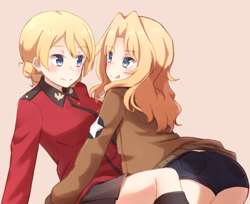 2girls bike_shorts blonde_hair blue_eyes brown_jacket commentary_request darjeeling eyebrows eyebrows_visible_through_hair girls_und_panzer highres jacket kapatarou kay_(girls_und_panzer) long_hair long_sleeves looking_at_another military military_uniform multiple_girls simple_background tongue tongue_out uniform yuri