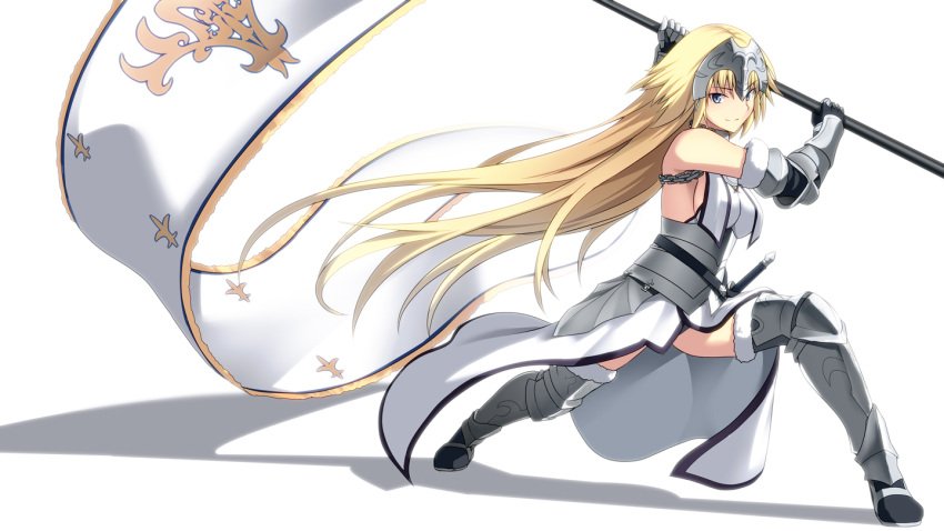 1girl armor armored_boots bare_shoulders blonde_hair blue_eyes boots breasts chain cowter fate/grand_order fate_(series) fur_trim gauntlets hirame_sa long_hair shadow sideboob simple_background solo standard_bearer very_long_hair white_background