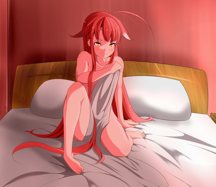 absurdres ahoge bed collarbone covering covering_breasts covering_crotch hairband highres kantai_collection kawakaze_(kantai_collection) long_hair nude nude_cover nuemamoru_eion redhead smile topless twintails