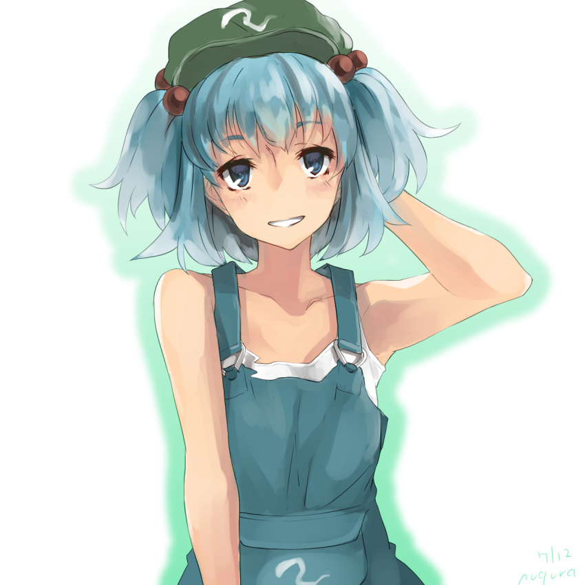 1girl adapted_costume arm_behind_head armpits bare_arms bare_shoulders blue_eyes blue_hair collarbone hair_bobbles hair_ornament hat highres kawashiro_nitori looking_at_viewer nuqura overalls parted_lips short_hair smile solo tank_top touhou two_side_up upper_body