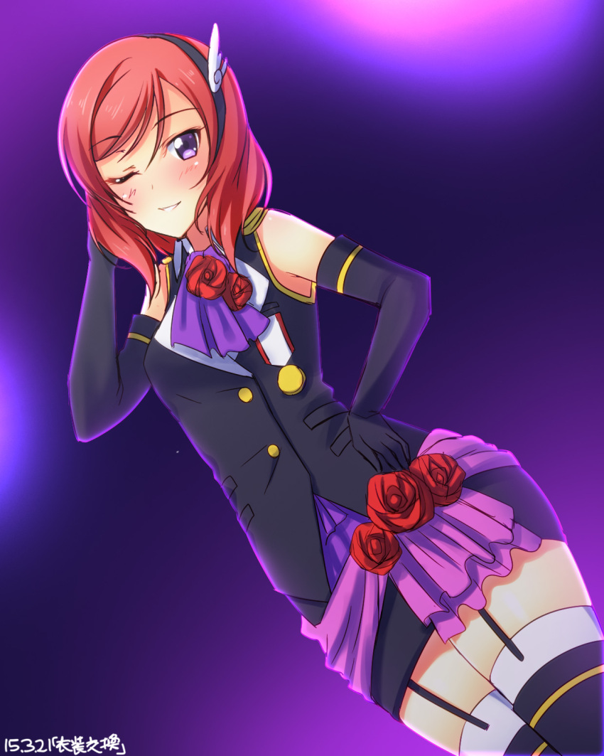 1girl a-rise black_gloves black_hairband elbow_gloves garter_straps gloves hair_flowr hairband hand_in_hair hand_on_hip highres looking_at_viewer love_live! love_live!_school_idol_project nishikino_maki one_eye_closed red_flower redhead solo thigh-highs violet_eyes yu-ta