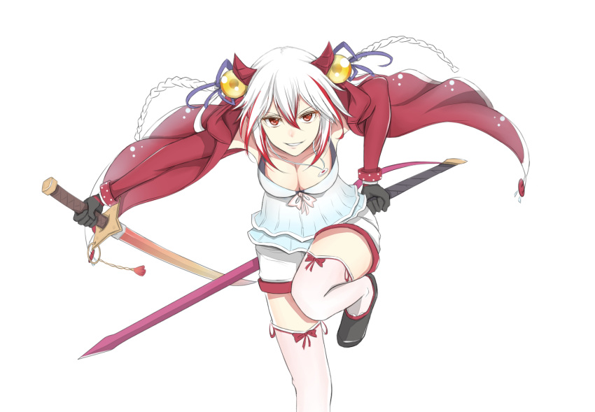 &gt;:) 1girl bangs blue_ribbon bow breasts character_request cleavage collarbone dress dual_wielding elsword hair_ribbon holding holding_sword holding_weapon horns jacket jewelry large_breasts leaning_forward leg_up long_sleeves looking_at_viewer moyashi_(rina) multicolored_hair necklace open_clothes open_jacket orb parted_lips red_bow red_eyes red_jacket redhead reverse_grip ribbon short_dress shorts solo streaked_hair sword thigh-highs weapon white_background white_dress white_hair white_legwear