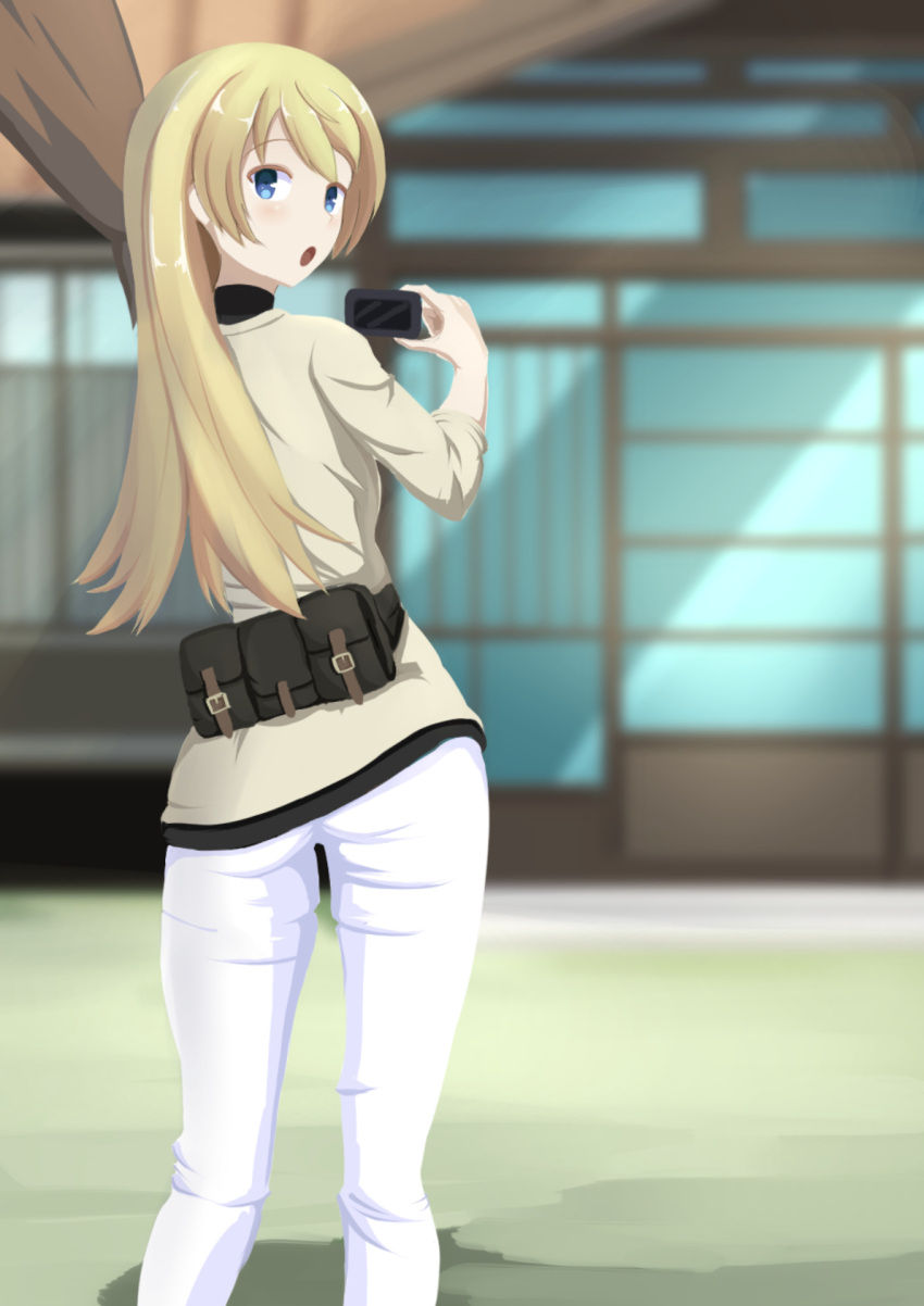 1girl ass beige_shirt blonde_hair blue_eyes blurry blush broom contrapposto day depth_of_field fanny_pack flying_witch from_behind highres holding house long_hair looking_back open_mouth outdoors pants shiina_anzu_(flying_witch) solo takizawa_tarou turtleneck white_pants