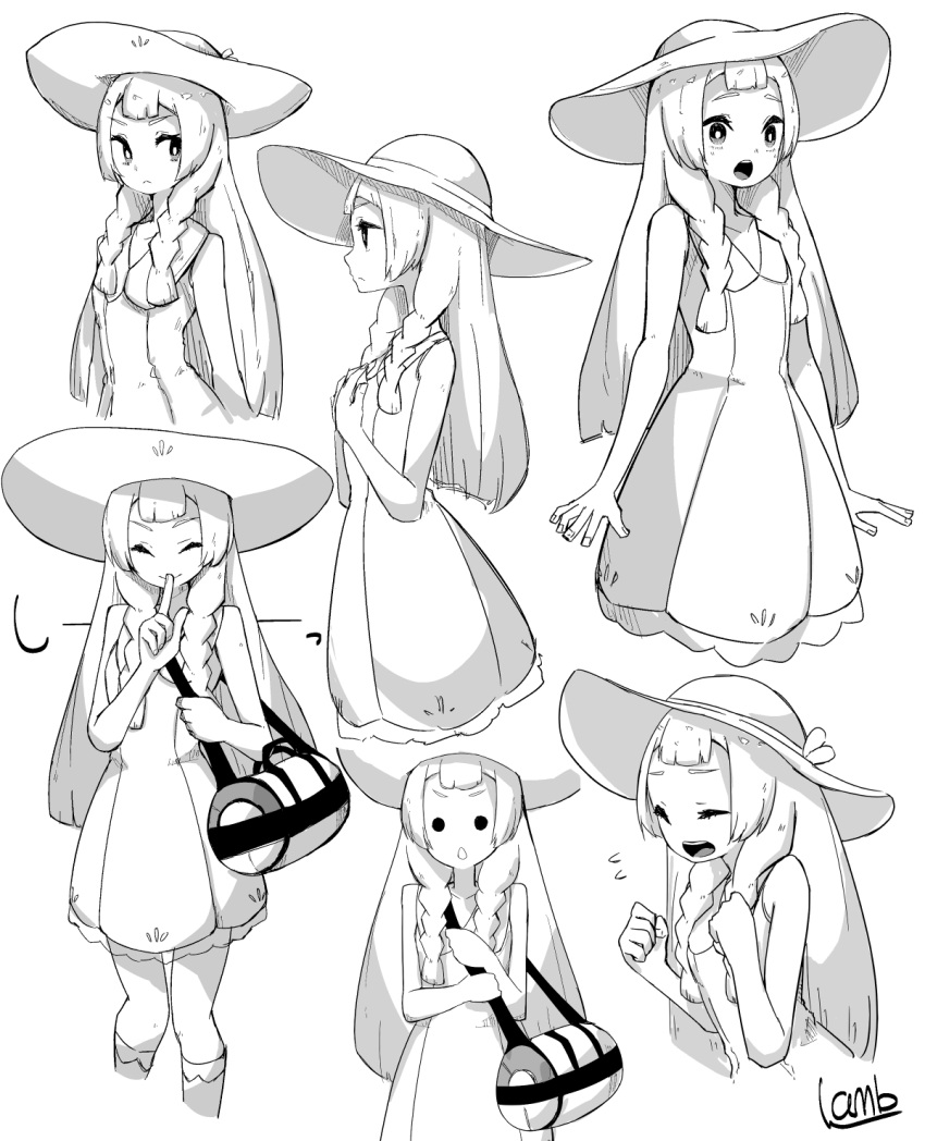 1girl bag braid closed_eyes dress duffel_bag expressions finger_to_mouth from_side greyscale hat highres lamb-oic029 lillie_(pokemon) long_hair monochrome open_mouth pokemon pokemon_(game) pokemon_sm simple_background sleeveless sleeveless_dress sun_hat twin_braids white_background
