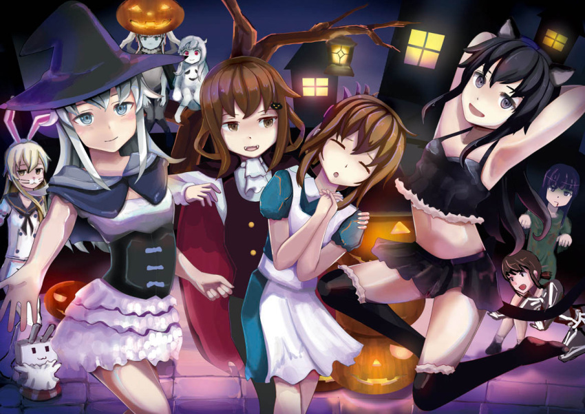 akatsuki_(kantai_collection) alternate_costume animal_ears bat blush cape commentary folded_ponytail fubuki_(kantai_collection) halloween halloween_costume hat hibiki_(kantai_collection) ikazuchi_(kantai_collection) inazuma_(kantai_collection) jack-o'-lantern kantai_collection long_hair multiple_girls northern_ocean_hime open_mouth pumpkin shimakaze_(kantai_collection) short_hair tinai traditional_media vampire_costume watercolor_(medium) witch witch_hat wo-class_aircraft_carrier