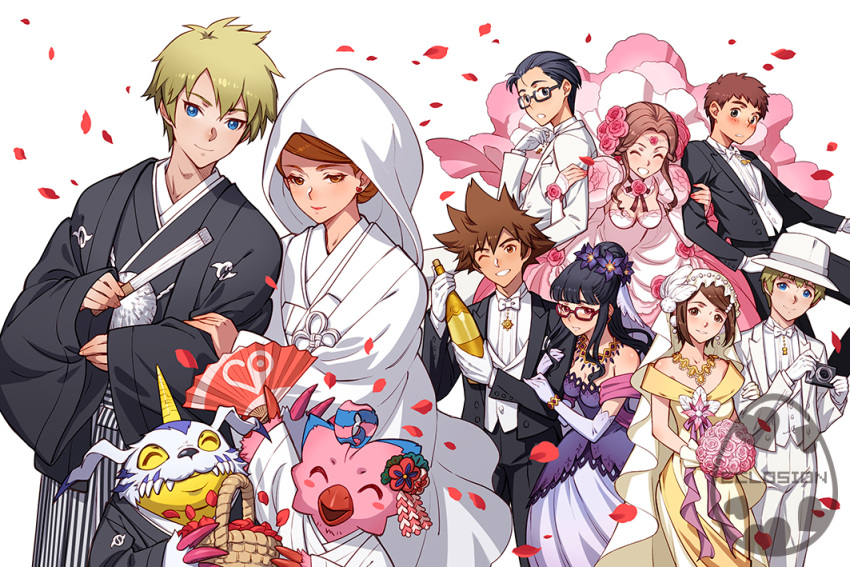 4girls 5boys alcohol biyomon black_hair blonde_hair blue_eyes blush bottle bouquet brown_eyes brown_hair digimon digimon_adventure digimon_adventure_tri. dress eclosion fan flower formal gabumon glasses gloves hair_flower hair_ornament hood ishida_yamato izumi_koushirou japanese_clothes kido_jou kimono long_hair mochizuki_meiko multiple_boys multiple_girls short_hair smile suit tachikawa_mimi takaishi_takeru takenouchi_sora uchikake wedding_dress yagami_hikari yagami_taichi