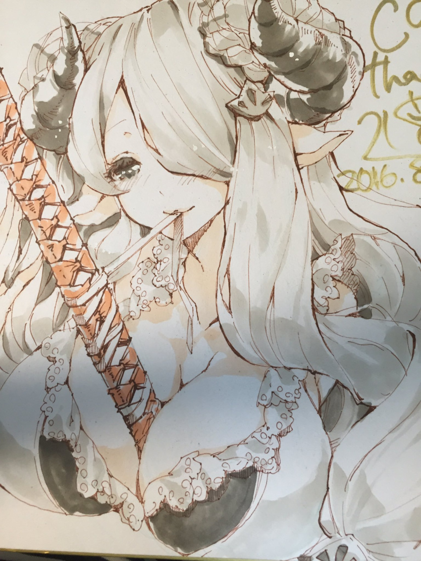 1girl 218 between_breasts breasts cleavage doraf granblue_fantasy grey_hair hair_over_one_eye highres horns katana large_breasts long_hair mouth_hold narumeia_(granblue_fantasy) pointy_ears sword weapon