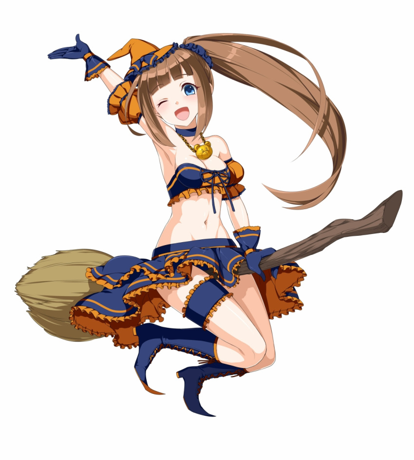 1girl arm_up blue_eyes boots breasts broom broom_riding brown_hair choker cleavage full_body gloves hair_ornament hair_scrunchie hat highres jewelry kure_masahiro leg_garter long_hair looking_at_viewer navel necklace official_art pointy_shoes scrunchie shoes side_ponytail simple_background skirt solo valkyrie_drive valkyrie_drive_-siren- white_background witch witch_hat