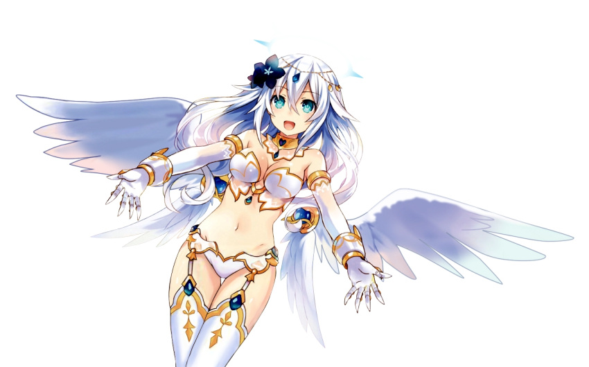 1girl angel_wings aqua_eyes bare_shoulders breasts cleavage collar elbow_gloves flower four_goddesses_online:_cyber_dimension_neptune gloves hair_flower hair_ornament halo jewelry long_hair looking_at_viewer midriff navel neptune_(series) noire open_mouth outstretched_arms power_symbol simple_background smile solo thigh-highs tsunako white_background white_hair wings