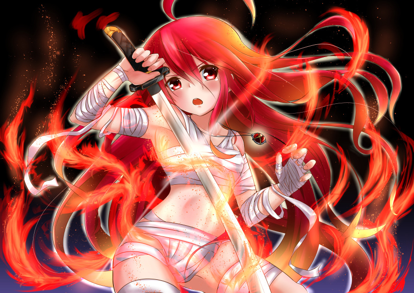 1girl absurdres ahoge alastor_(shakugan_no_shana) bandages fire hair_between_eyes highres jewelry long_hair looking_at_viewer necklace open_mouth red_eyes redhead shakugan_no_shana shana shinonome_mozuku sword weapon