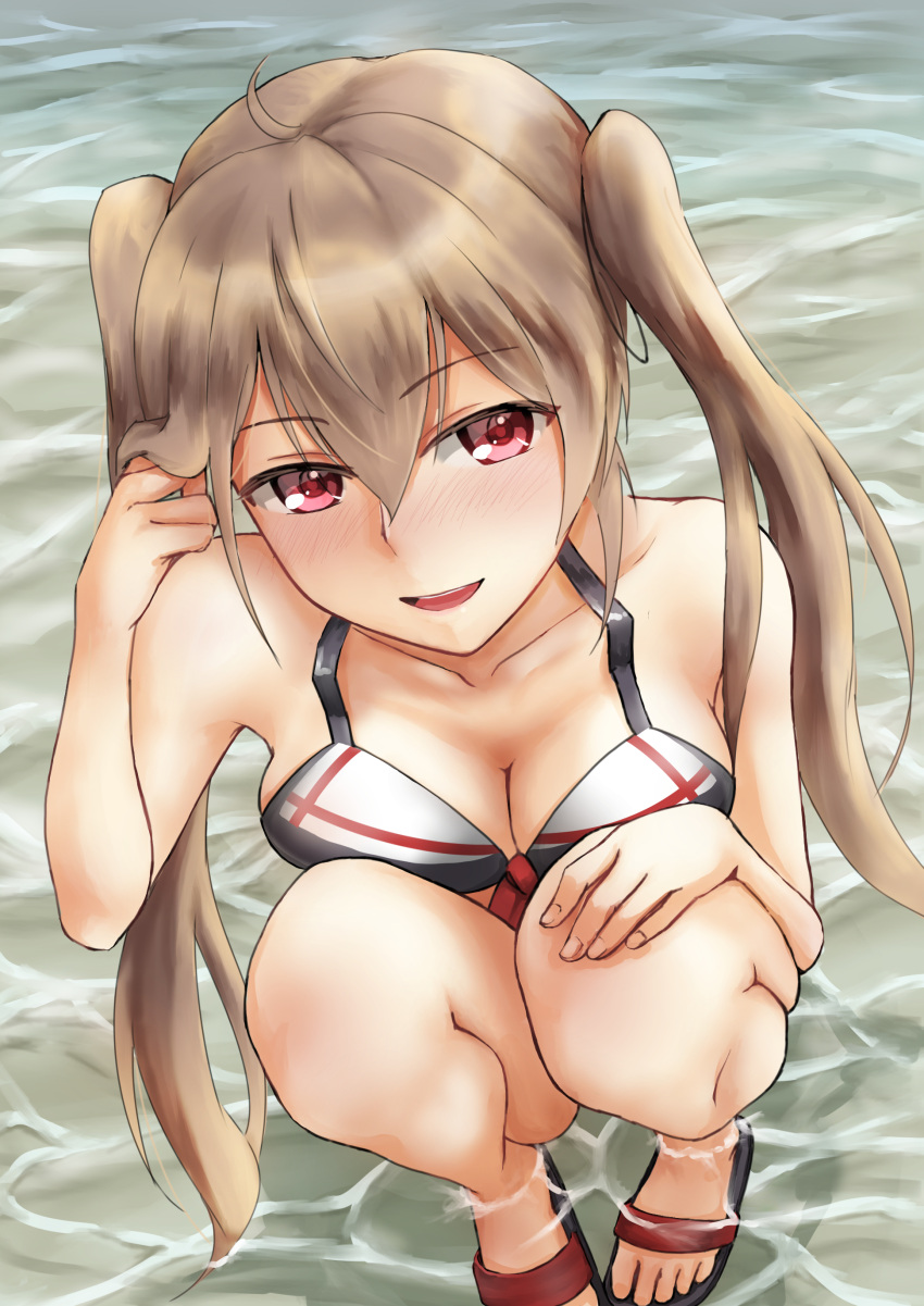 1girl absurdres ahoge bikini black_ribbon blush breasts cleavage collarbone flip-flops from_above hair_flip hair_ribbon highres kantai_collection kokuzoo light_brown_hair long_hair medium_breasts murasame_(kantai_collection) open_mouth partially_submerged red_eyes ribbon sandals smile solo squatting swimsuit twintails water