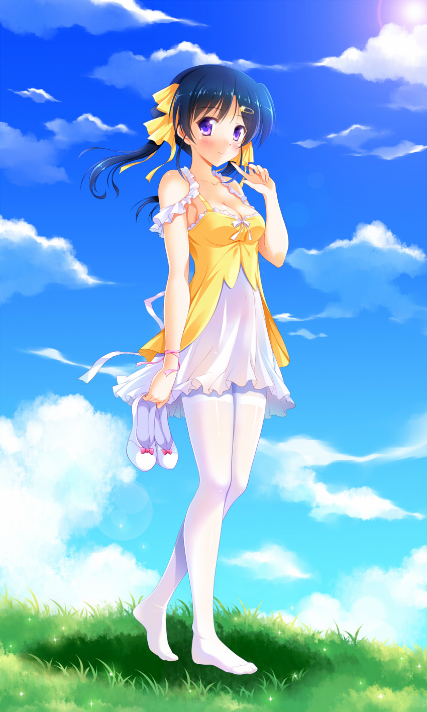 1girl arm_ribbon black_hair blush bow breasts cleavage closed_mouth clouds day dress eyebrows eyebrows_visible_through_hair finger_to_mouth frills grass hair_ornament hair_ribbon hairclip high_heels highres holding holding_shoes lens_flare long_hair looking_at_viewer medium_breasts no_shoes original outdoors pantyhose pink_bow pink_ribbon ribbon shadow shoes shoes_removed sky smile solo sparkle standing star star_hair_ornament sun thighband_pantyhose twintails violet_eyes white_legwear white_shoes wind yagami-all_hail_nanao yellow_ribbon