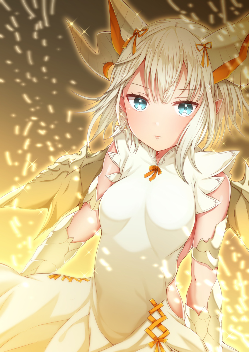 1girl absurdres akiran'nu blonde_hair blue_eyes dragon_girl dragon_horns dragon_wings dress hair_ribbon highres horns looking_at_viewer myr_(p&amp;d) parted_lips puzzle_&amp;_dragons ribbon scales short_hair solo sparkle white_dress wings