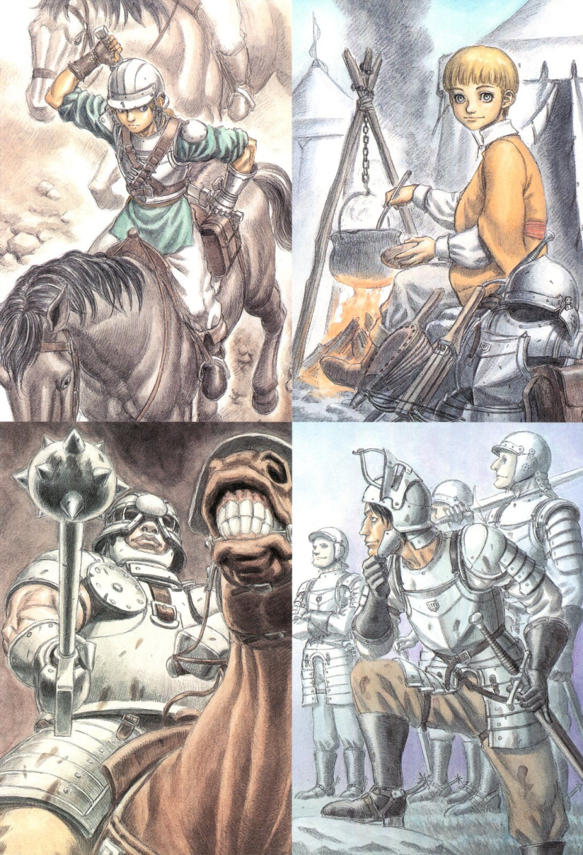 6+boys armor bellows berserk black_hair blonde_hair boots bow_(weapon) bowl bowl_cut breastplate campfire cauldron collage cooking corkus crossbow faulds gauntlets gloves hand_on_own_chin helmet highres horse horseback_riding judeau looking_at_viewer male_focus miura_kentarou multiple_boys over_shoulder pauldrons pippin_(berserk) rickert riding scan sitting spaulders spiked_mace spurs sword sword_over_shoulder teeth tent weapon weapon_over_shoulder