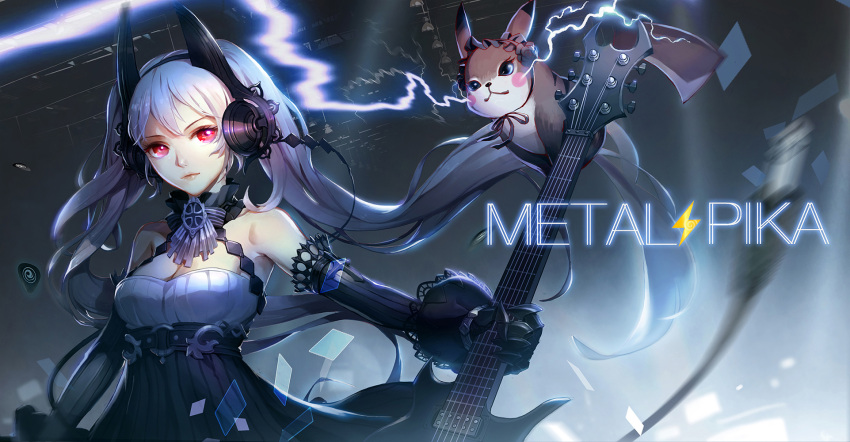 1girl alternate_color arm_at_side bangs bare_shoulders black_gloves breasts character_name chin_strap cleavage closed_mouth clothed_pokemon cross detached_collar electric_guitar electricity eyelashes floating_card floating_hair floating_object gloves guitar headphones highres holding instrument lace lace-trimmed_gloves lace_trim lightning_bolt long_hair looking_at_viewer medium_breasts motion_blur neck_ribbon original outstretched_arm pcw pikachu plectrum pokemon pokemon_(creature) red_eyes red_lips ribbon silver_hair stage stage_lights striped striped_ribbon transparent twintails upper_body very_long_hair white_hair wire