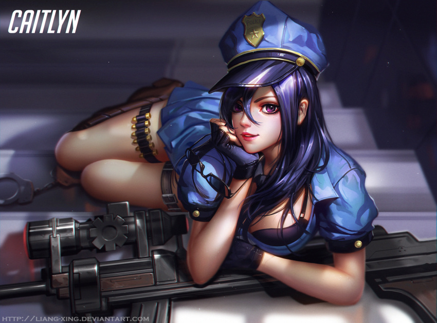 1girl blue_hair boots bra breasts caitlyn_(league_of_legends) glasses gloves gun hat league_of_legends liang_xing long_hair looking_at_viewer police police_uniform realistic underwear uniform weapon