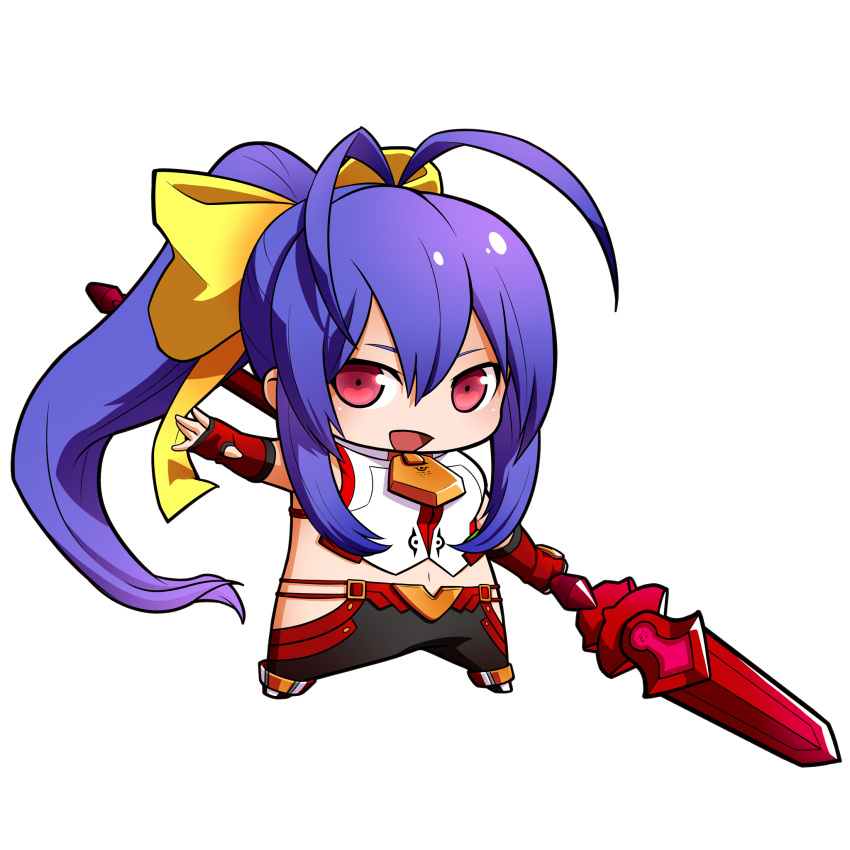 &gt;:d 1girl :d antenna_hair backless_outfit bangs bare_shoulders black_pants blazblue blazblue:_central_fiction blue_hair boots bow breasts chibi fingerless_gloves full_body genderswap genderswap_(mtf) gloves hair_between_eyes hair_bow halter_top halterneck hand_on_head high_heel_boots high_heels highres holding holding_weapon large_breasts long_hair looking_to_the_side lowleg lowleg_pants mai_natsume midriff navel no_bra no_panties official_art open_mouth outseal outstretched_arm outstretched_hand pants polearm ponytail revealing_clothes ribbon sidelocks smile solo spear standing thighs transparent_background very_long_hair violet_eyes weapon yellow_bow
