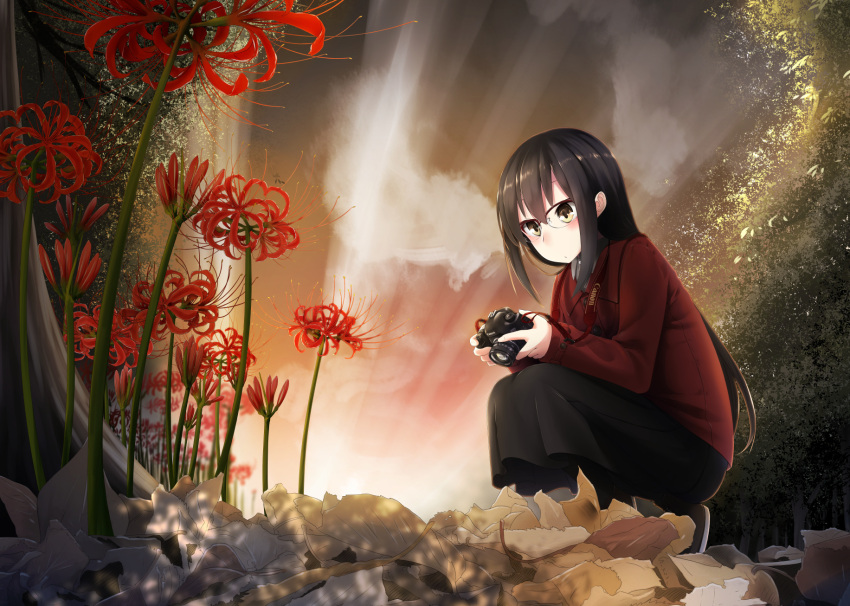 1girl autumn autumn_leaves bangs black_hair black_skirt blush buttons camera canon_(company) clouds cloudy_sky commentary_request expressionless flower from_below glasses hair_intakes highres holding holding_camera jacket leaf light_rays long_hair long_skirt long_sleeves looking_down nekobaka original outdoors over-rim_glasses plant product_placement red-framed_eyewear red_jacket red_shirt semi-rimless_glasses shirt shoes single-lens_reflex_camera skirt sky sleeves_past_wrists solo spider_lily squatting sunset tree tree_branch yellow_eyes