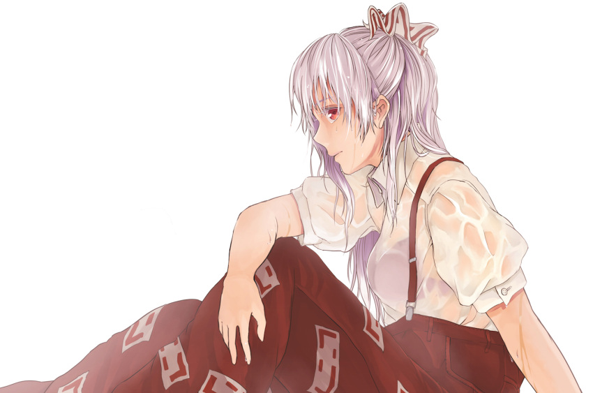 1girl arm_rest arm_support bow bra buttons closed_mouth collared_shirt expressionless from_side frontier__m fujiwara_no_mokou hair_bow long_hair looking_at_viewer pants puffy_short_sleeves puffy_sleeves red_eyes red_pants see-through shirt short_sleeves side_glance silver_hair simple_background sitting solo suspenders touhou underwear wet wet_clothes wet_hair wet_shirt white_background white_shirt wing_collar
