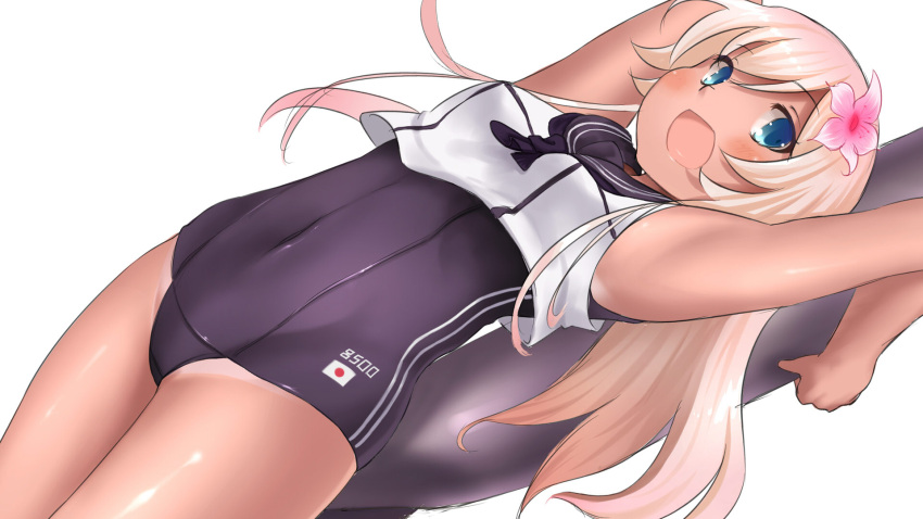 1girl blonde_hair blue_eyes crop_top flower gtpsl hair_flower hair_ornament hibiscus highres kantai_collection long_hair lying one-piece_tan open_mouth ro-500_(kantai_collection) sailor_collar school_swimsuit swimsuit swimsuit_under_clothes tan tanline torpedo