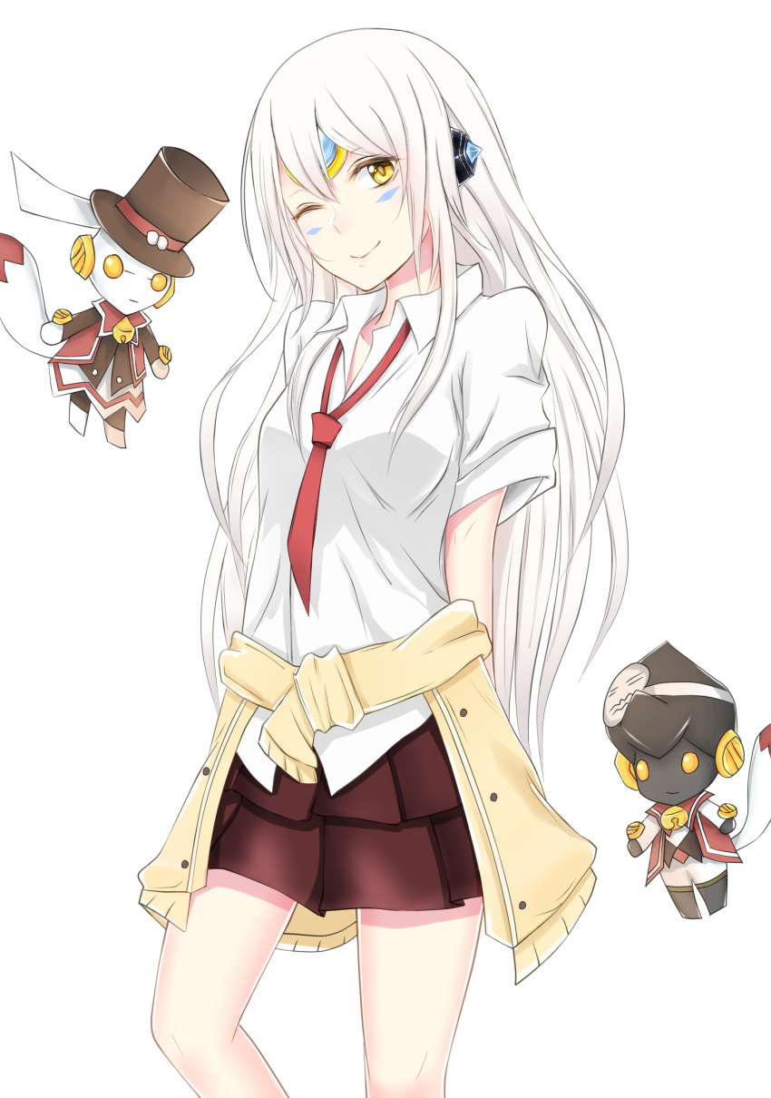 1girl ;) arms_behind_back breasts brown_skirt closed_mouth clothes_around_waist collared_shirt cowboy_shot doll elsword eve_(elsword) facial_mark forehead_jewel headgear highres layered_skirt long_hair looking_at_viewer moyashi_(rina) necktie one_eye_closed red_necktie school_uniform shirt short_sleeves skirt small_breasts smile solo sweater_around_waist white_background white_hair white_shirt yellow_eyes