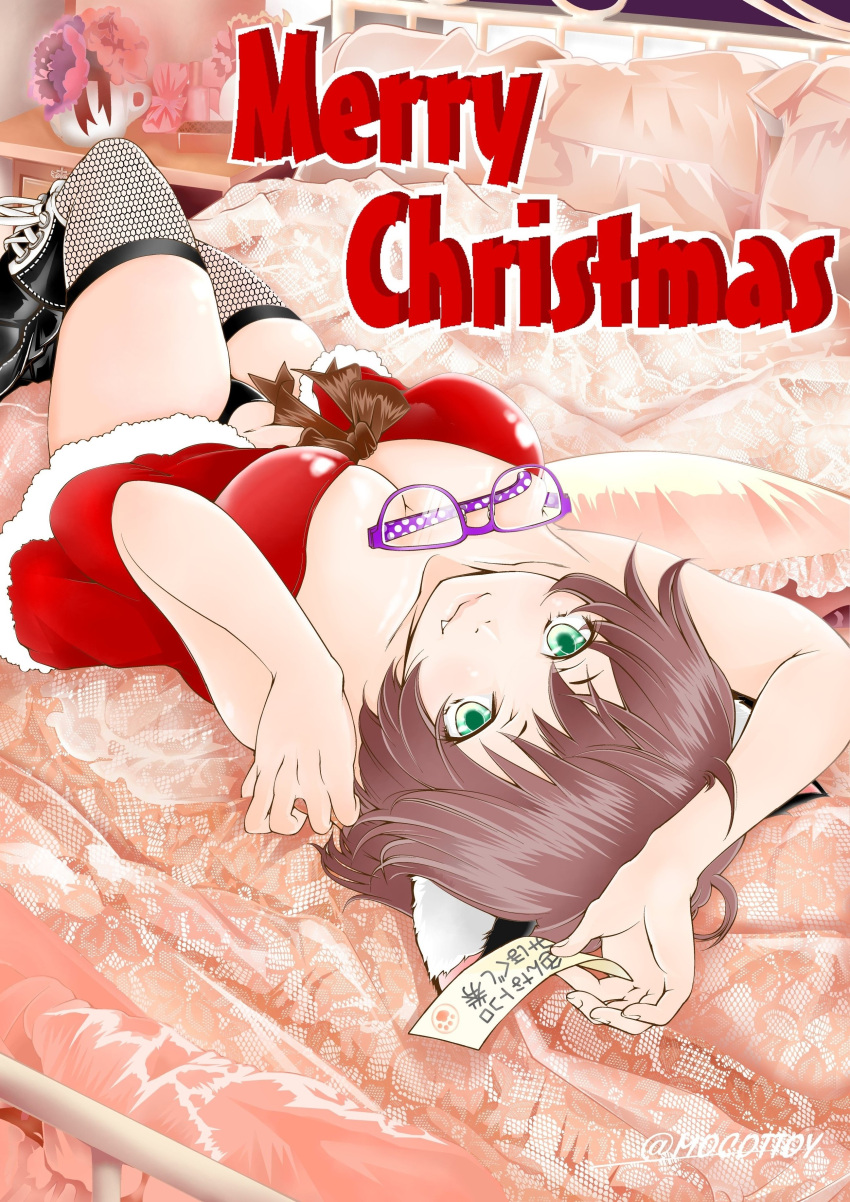 1girl absurdres animal_ears bed black_boots black_panties boots breasts brown_hair cat_ears cleavage fang fishnet_legwear fishnets glasses glasses_removed green_eyes highres large_breasts lying merry_christmas mocottoy on_back original panties pillow solo table thigh-highs translation_request twitter_username underwear vase