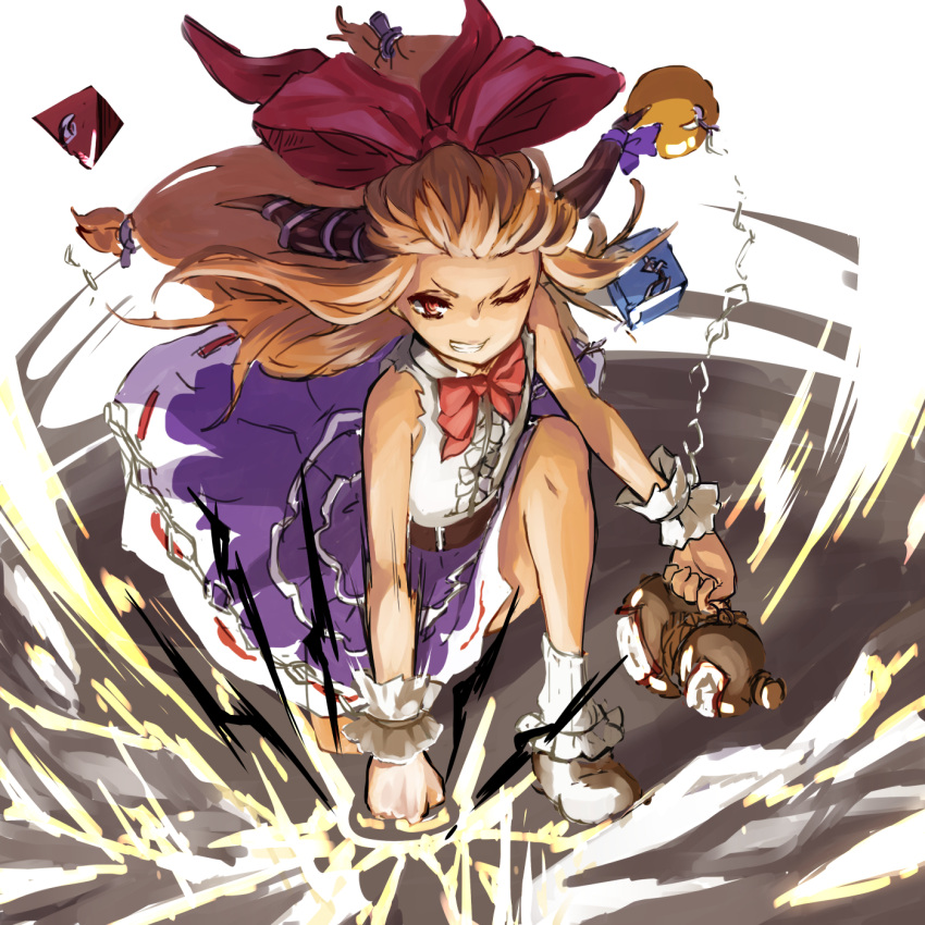 1girl bare_arms belt blonde_hair bow bowtie chain clenched_hand cuffs dated evil_grin evil_smile full_body gourd grin ground_shatter hair_bow highres horn_ribbon horns ibuki_suika long_hair looking_at_viewer low-tied_long_hair nuqura one_eye_closed oni oni_horns punching red_eyes ribbon shirt skirt sleeveless sleeveless_shirt smile solo touhou weights