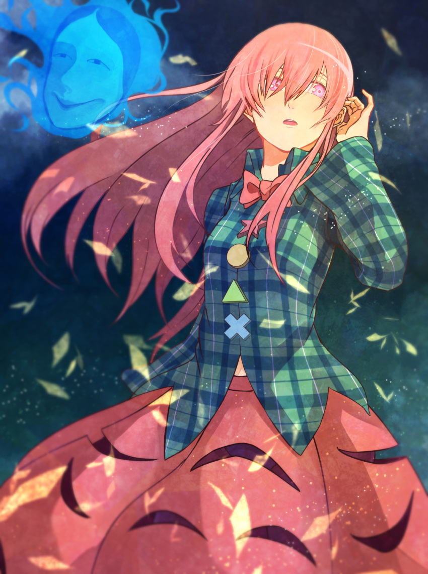 1girl aqua_shirt blue_fire bow bowtie bubble_skirt buttons cowboy_shot cutout fire hair_between_eyes hair_over_eyes hand_on_ear hata_no_kokoro highres long_hair long_sleeves open_mouth panties panty_peek pink_eyes pink_hair pink_skirt plaid plaid_shirt red_bow red_bowtie shirt skirt solo touhou underwear wide_sleeves wind wing_collar