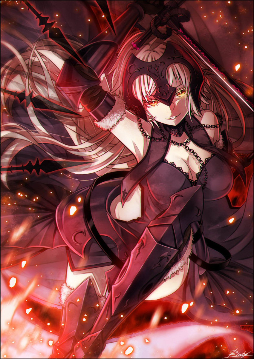 1girl black_gloves black_legwear breasts cleavage elbow_gloves fate/grand_order fate_(series) gloves greaves helmet highres holding holding_sword holding_weapon jeanne_alter long_hair pale_skin rindo8_(rindo7) ruler_(fate/apocrypha) solo sword thigh-highs very_long_hair weapon white_hair yellow_eyes
