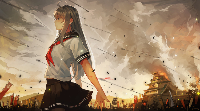 1girl ahoge architecture arrow artist_name bangs banner battle belly_peek black_legwear black_skirt blood blouse castle clouds cloudy_sky cuts east_asian_architecture fire from_side grey_eyes grey_hair highres injury long_hair looking_afar neckerchief nobori original outdoors outstretched_arms pantyhose pleated_skirt pvmivs sailor_collar school_uniform serafuku serious short_sleeves sidelocks skirt sky smoke solo war white_blouse