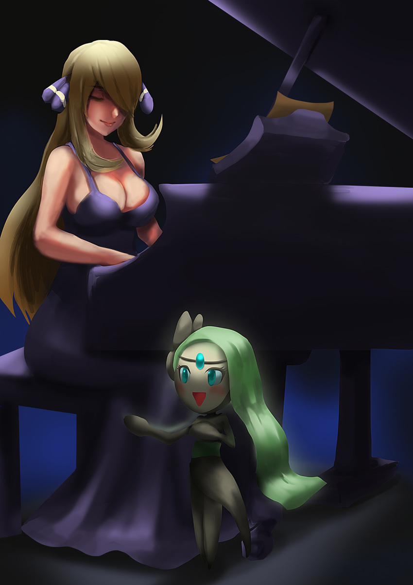 1girl :d aqua_eyes atorot blonde_hair breasts cleavage closed_eyes dress full_body green_hair hair_ornament hair_over_one_eye highres instrument lips long_hair meloetta music open_mouth piano playing_instrument pokemon pokemon_(creature) pokemon_(game) sheet_music shirona_(pokemon) sitting sketch smile standing