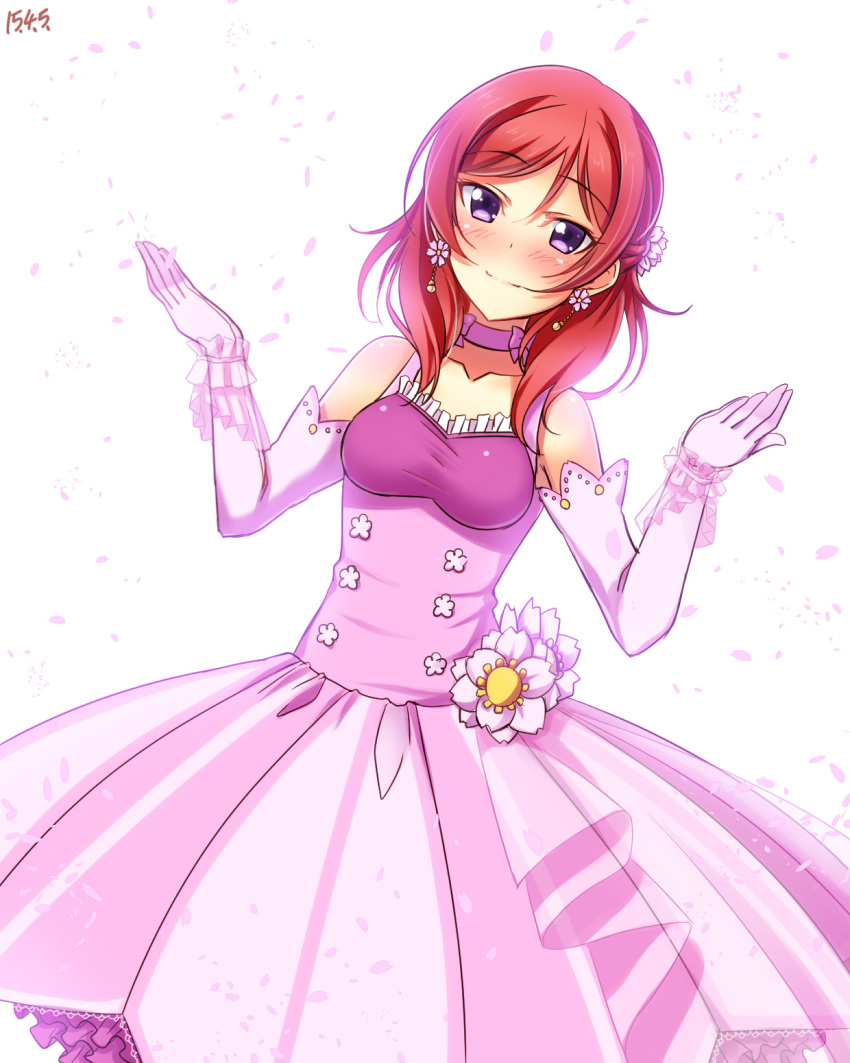 1girl 2015 collarbone dated dress earrings elbow_gloves flower gloves hair_flower hair_ornament highres jewelry long_hair looking_at_viewer love_live! love_live!_school_idol_project nishikino_maki pink_gloves redhead simple_background smile solo violet_eyes white_background yu-ta