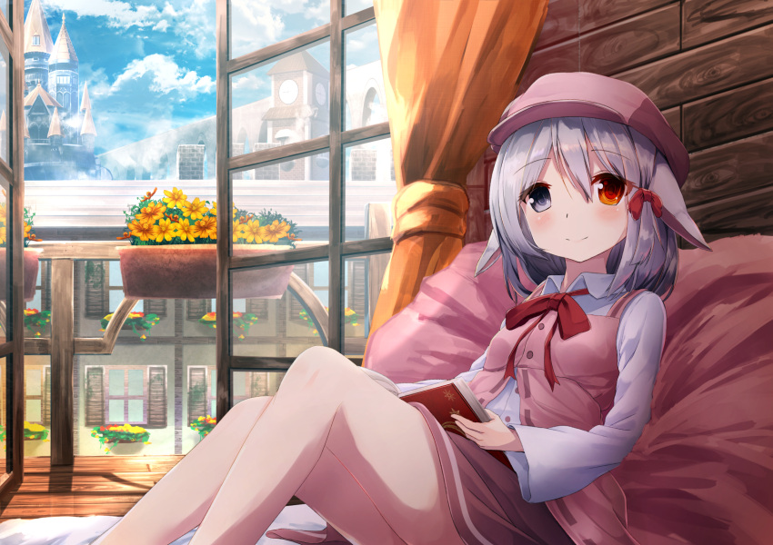 1girl animal_ears balcony banister blush book book_on_lap bow buttons clock clock_tower clouds cloudy_sky commentary_request curtains door eyebrows eyebrows_visible_through_hair flat_cap flower flower_pot grey_eyes grey_hair hair_between_eyes hair_bow hat heterochromia hexagram highres holding holding_book indoors kagayan1096 long_sleeves looking_at_viewer neck_ribbon open_book open_door orange_eyes original pink_hat rabbit_ears red_bow red_ribbon ribbon short_hair shutter sitting sky sleeveless smile solo spire tower viaduct wide_sleeves window wooden_floor wooden_wall yellow_flower