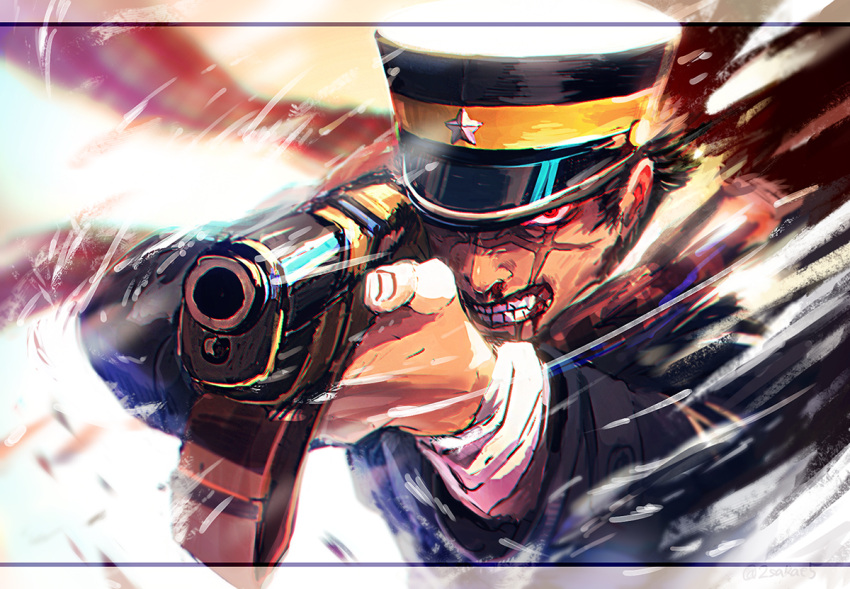 1boy angry blood blurry clenched_teeth depth_of_field golden_kamuy gun hat hscatter letterboxed male_focus military military_uniform nosebleed peaked_cap pointing pointing_at_viewer pointing_weapon red_eyes rifle scar scarf solo sugimoto_saichi teeth uniform weapon